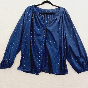 Blouse Size XL Navy Metallic Balloon Sleeve Whimsycore Romantic Vacation Resort